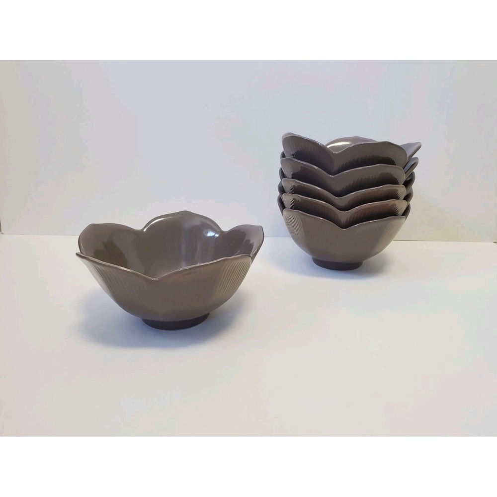 Vintage Pier 1 Lotus Flower Bowls Taupe/Brown Porcelain Set of 6 Cottagecore